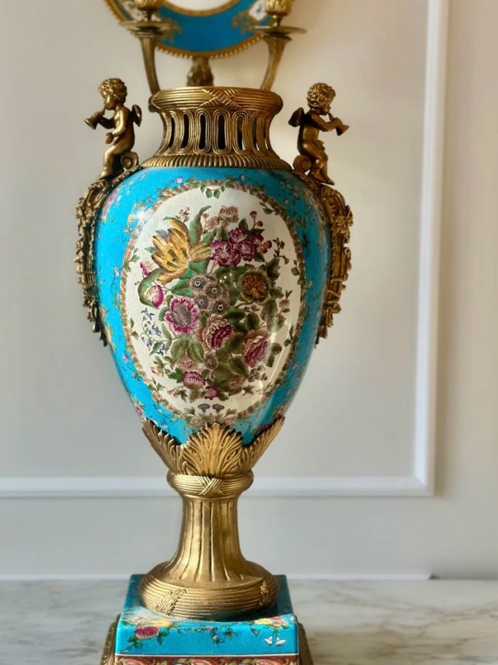 Turquoise and Gold Floral Porcelain Urn Vase